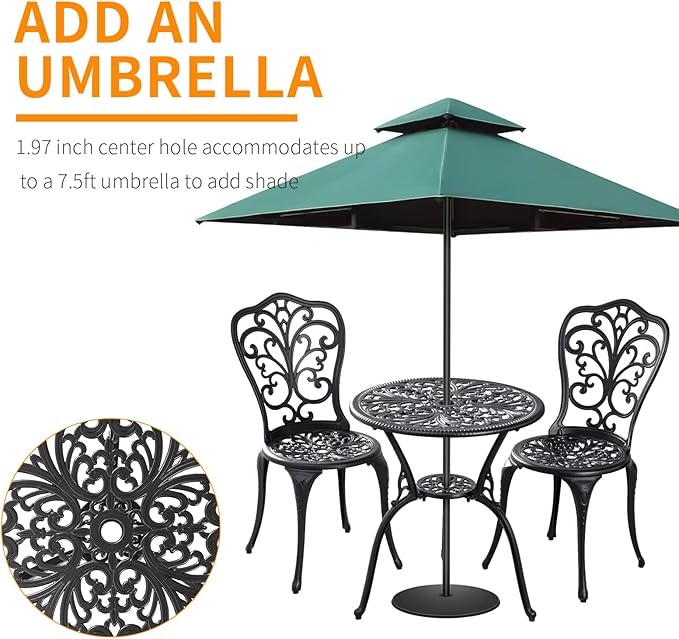Withniture Outdoor Bistro Set 3 Piece Patio Bistro Set, Cast Aluminum Bistro Table and Chairs Set of 2, Small Patio Table Set for Porch, Black