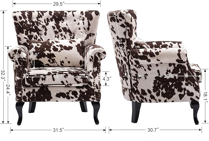 chairus Mid-Century Modern Accent Chairs Set of 2, Comfy Tufted Single Sofa Chair Wingback Armchair with Pillow for Club, Living Room, Bedroom - Velvet, Cow