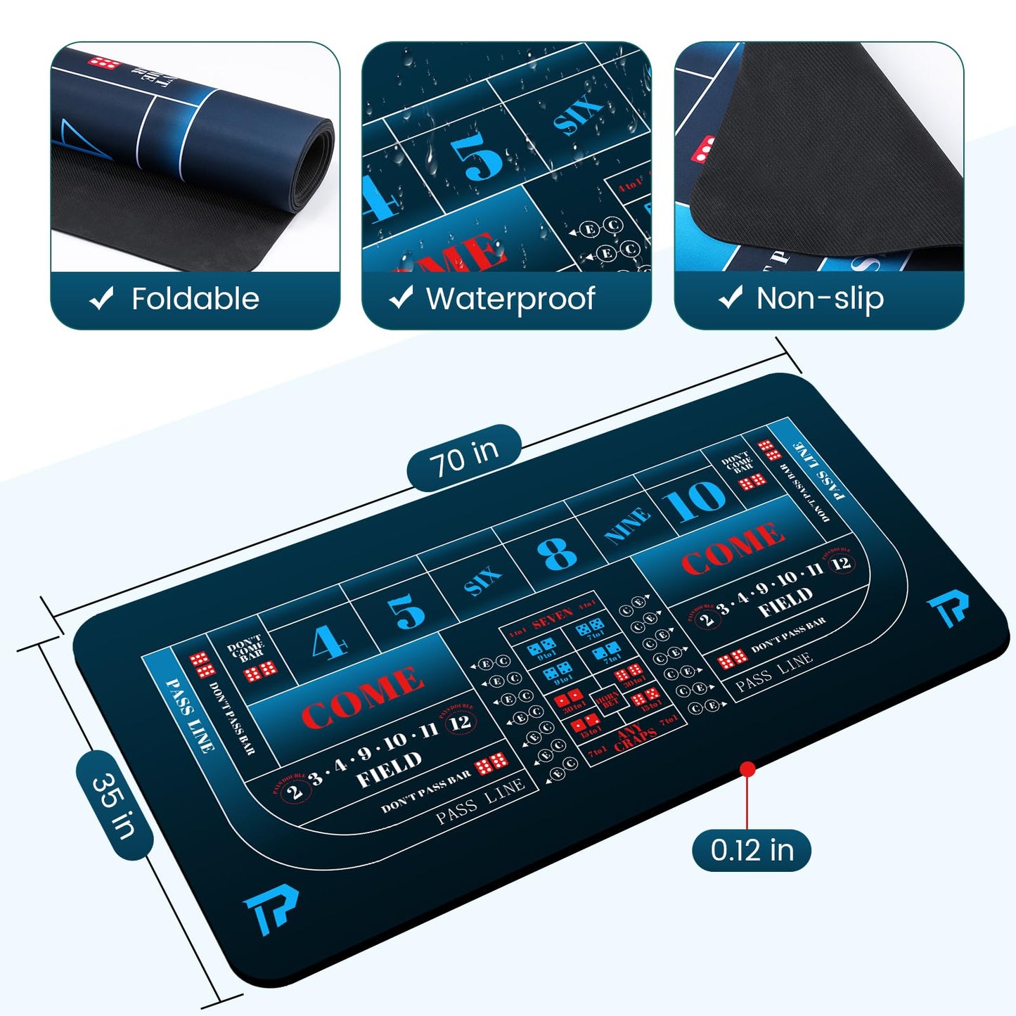 Proshine Craps Tabletop Game Set with 35*70" Rubber Craps Tabletop Layout Mat, 48*11" Rubber Craps Diamond Pyramid Bumper, 36" Rattan Stick, Casino Grade 19mm Dice, On/Off Button &100 pcs Chips (BLUE)
