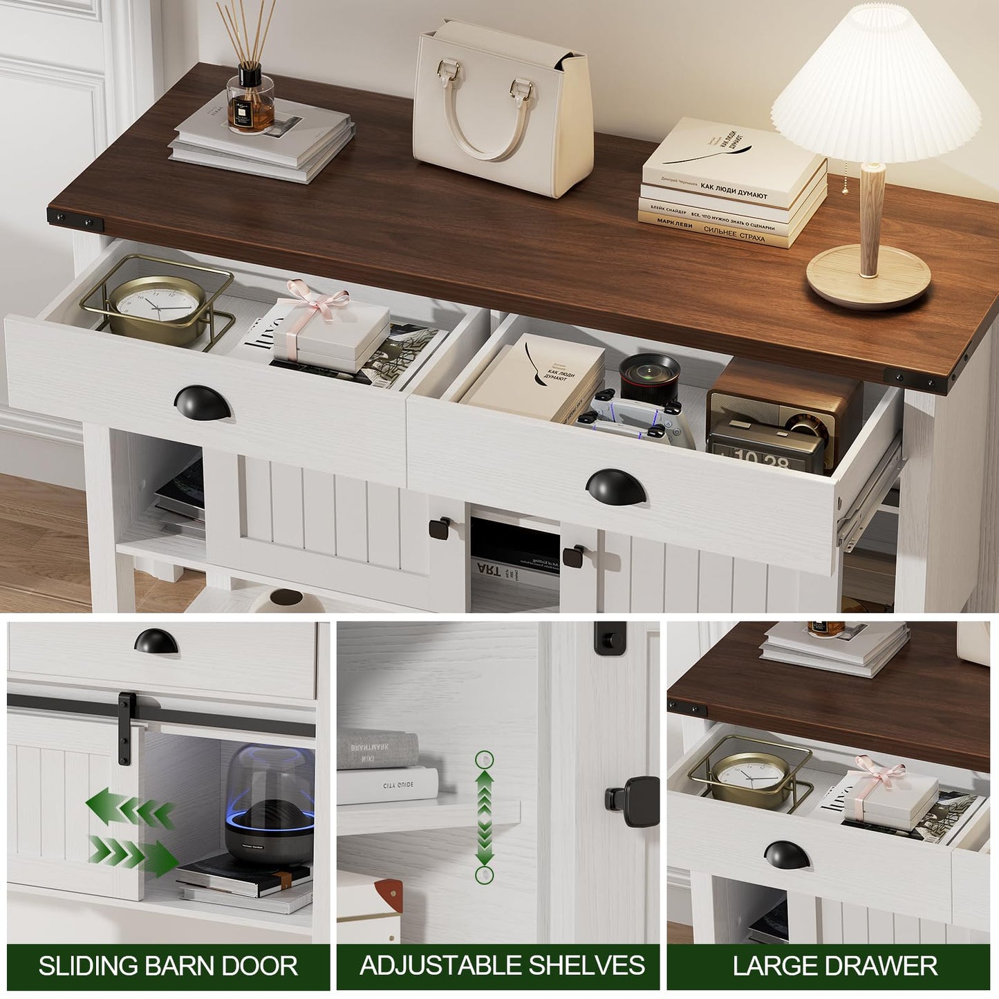 AntsandAnts Farmhouse Console Table with Sliding Barn Doors & 2 Drawers,Rustic Entryway Table for Living Room, Hallway, Foyer,Sofa Table with Adjustable Shelf & Open Storage, Industrial Design