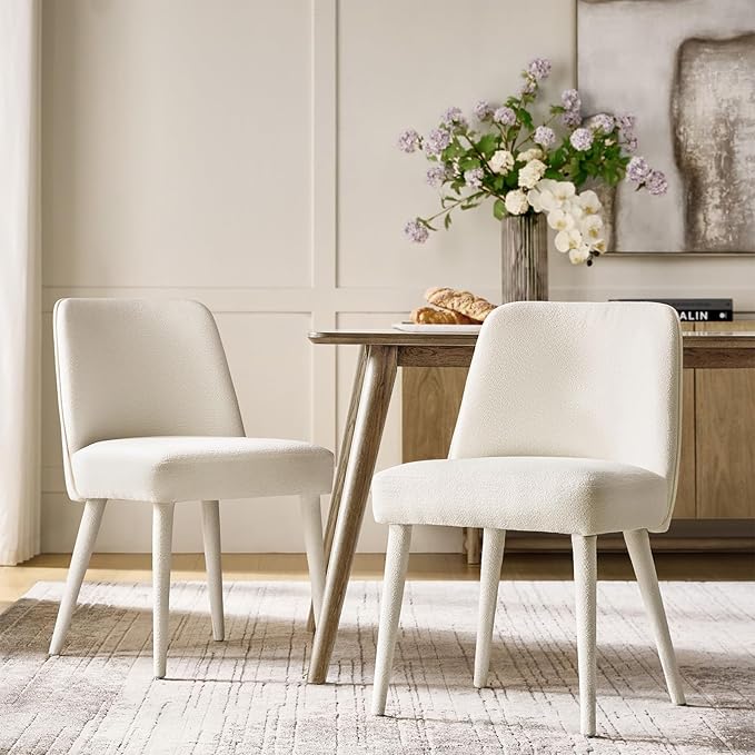 HULALA HOME Modern Dining Chairs Set of 2，White Fully Chenille Upholstered Dining Room Chairs Set with Foot Peg, Wood Frame, Armless Kitchen Accent Chairs for Living Room Bedroom Reception - Ivory