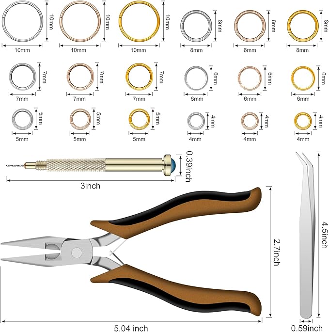 1014 Pieces Nail Dangle Charm Piercing Tool Hand Drill, Nail Charms 6 Sizes Jump Ring Connector with Jump Ring Open Close Tool Pliers and Tweezers for Jewelry Making