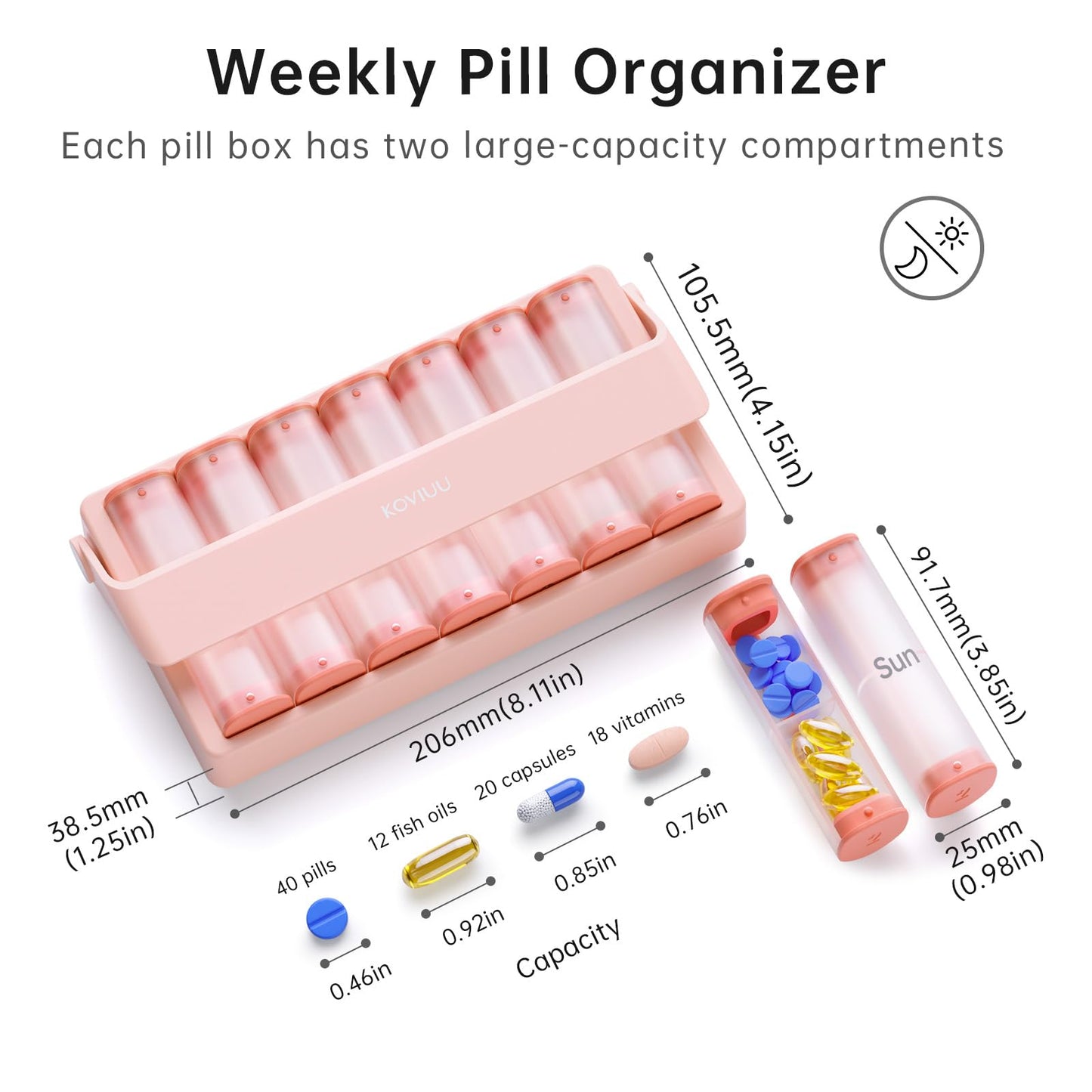 Weekly Pill Organizer 2 Times a Day, KOVIUU Large Travel Pill Box 7 Day, Am Pm Twice Daily Pill Case with Rotatable Handle, Pill Holder Container for Vitamin, Medicine, Supplement, Fish Oil, Pink
