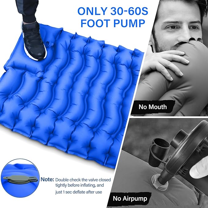 Camping Sleeping Pad with Pillow Built-in Foot Pump Inflatable Sleeping Mat Compact for Camping Backpacking Hiking Traveling - Blue