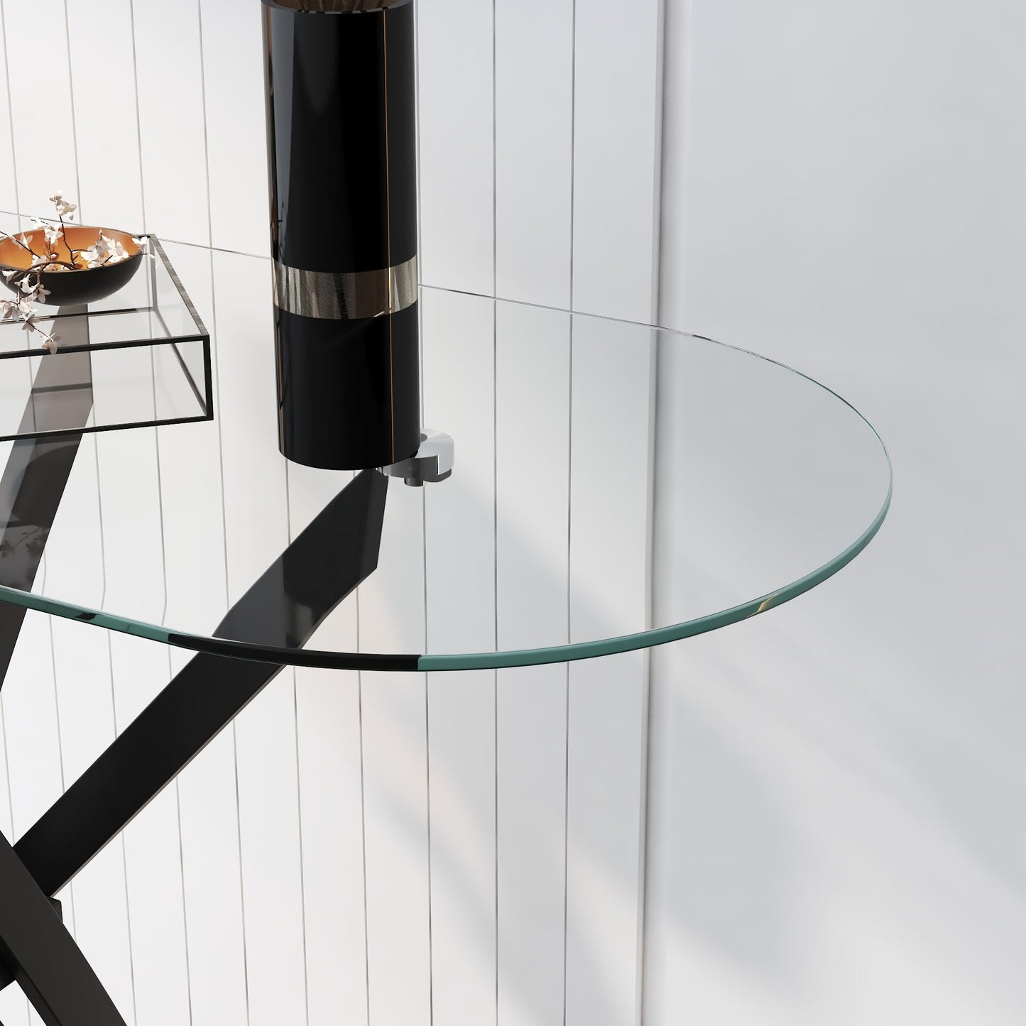 GOLDFAN Oval Console Table Modern Narrow Sofa Table with Tempered Glass Top and Black Metal Legs for Home Office