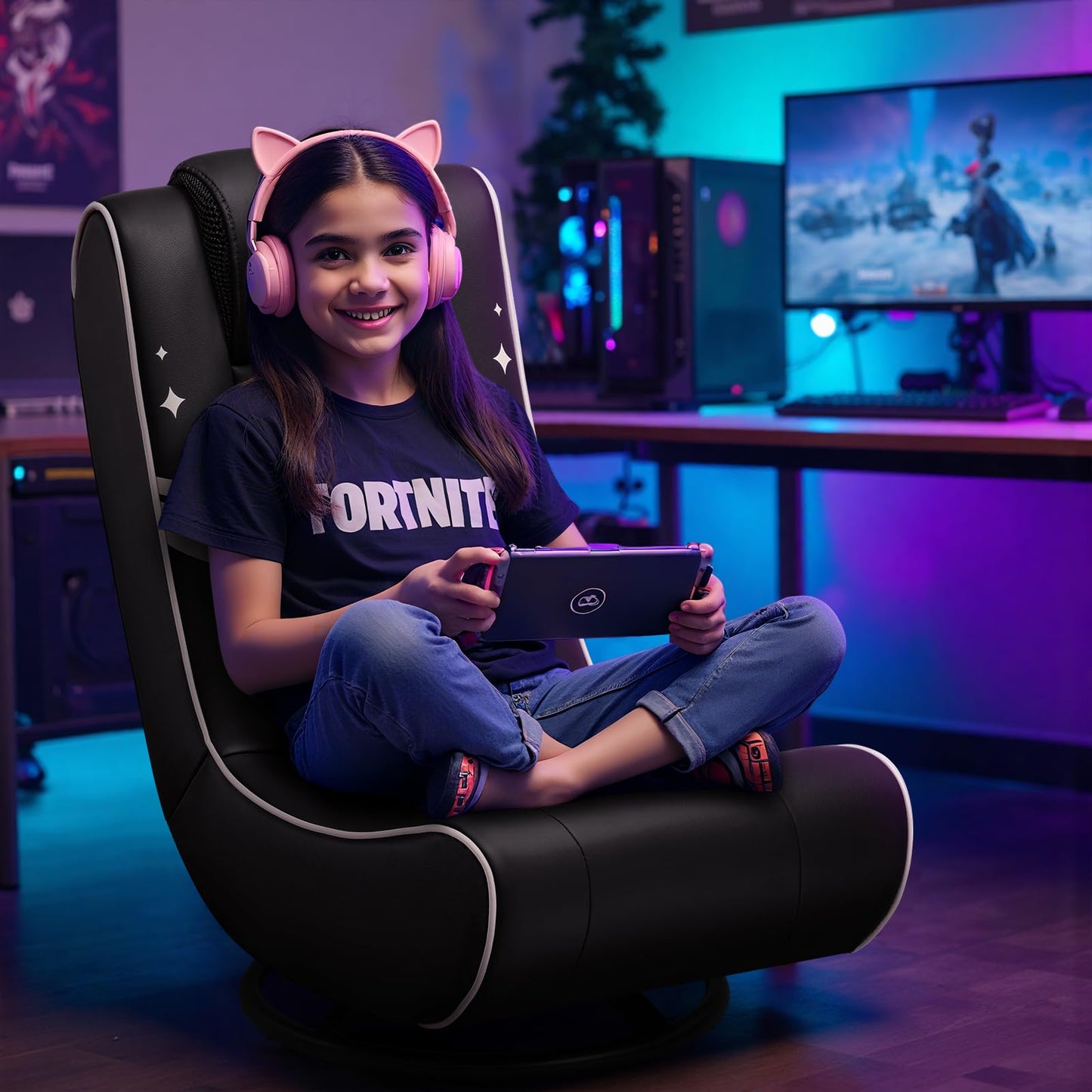 GTPLAYER Floor Gaming Chair Foldable Swivel Floor Chairs for Kids Boys Comfy Video Game Seat with 360° Multipurpose for Gamers, Bedroom or Game Room (Gold)