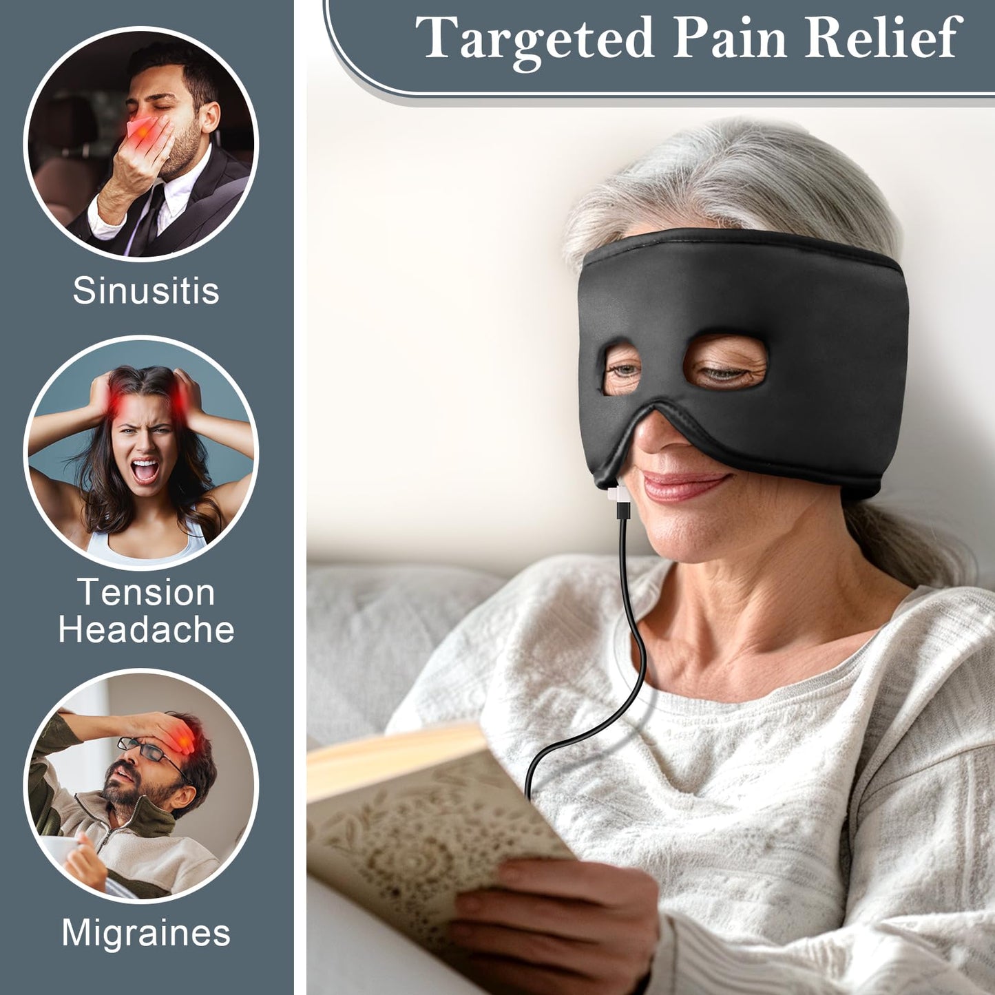 FERVORSOFT Silk Sinus Pressure Relief Mask, USB Corded Warm Compress for Sinusitis, Tension Headache & Migraine Treatment with 3 Temp Settings & 30-Min Auto Off Black
