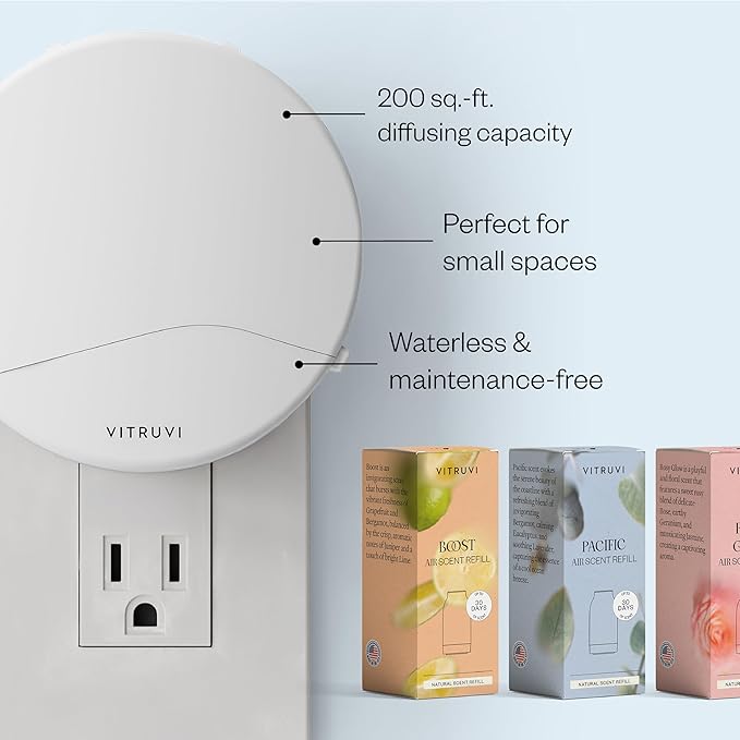 Vitruvi Push Plug-in Wall Diffuser – Starter Kit with Vanilla Mint Refill, Made with Natural Ingredients – Covers 200 Sq Ft – Long-Lasting Scent Up to 500 Hours – White