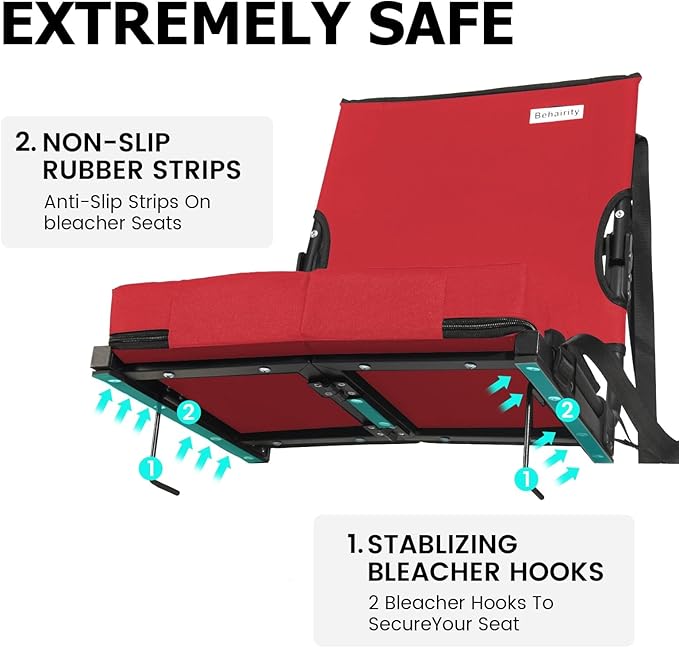 behairity Portable Stadium Seat for Bleachers with Back Support, Wide Padded Bleacher Chair with High Back and Thick Cushion for Adults, Folding Stadium Chair for Football Sports Events (Red)