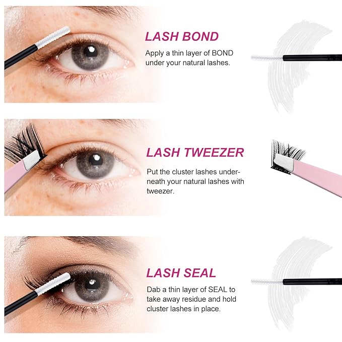 FADLASH Eyelash Extension Kit Lash Clusters Mix Tray Thin Band DIY Lash Extension Kit with Lash Bond and Seal Lash Tweezers Eyelash Applicator Tool Individual Lashes(F2-0.07D-12-18mm Kit)