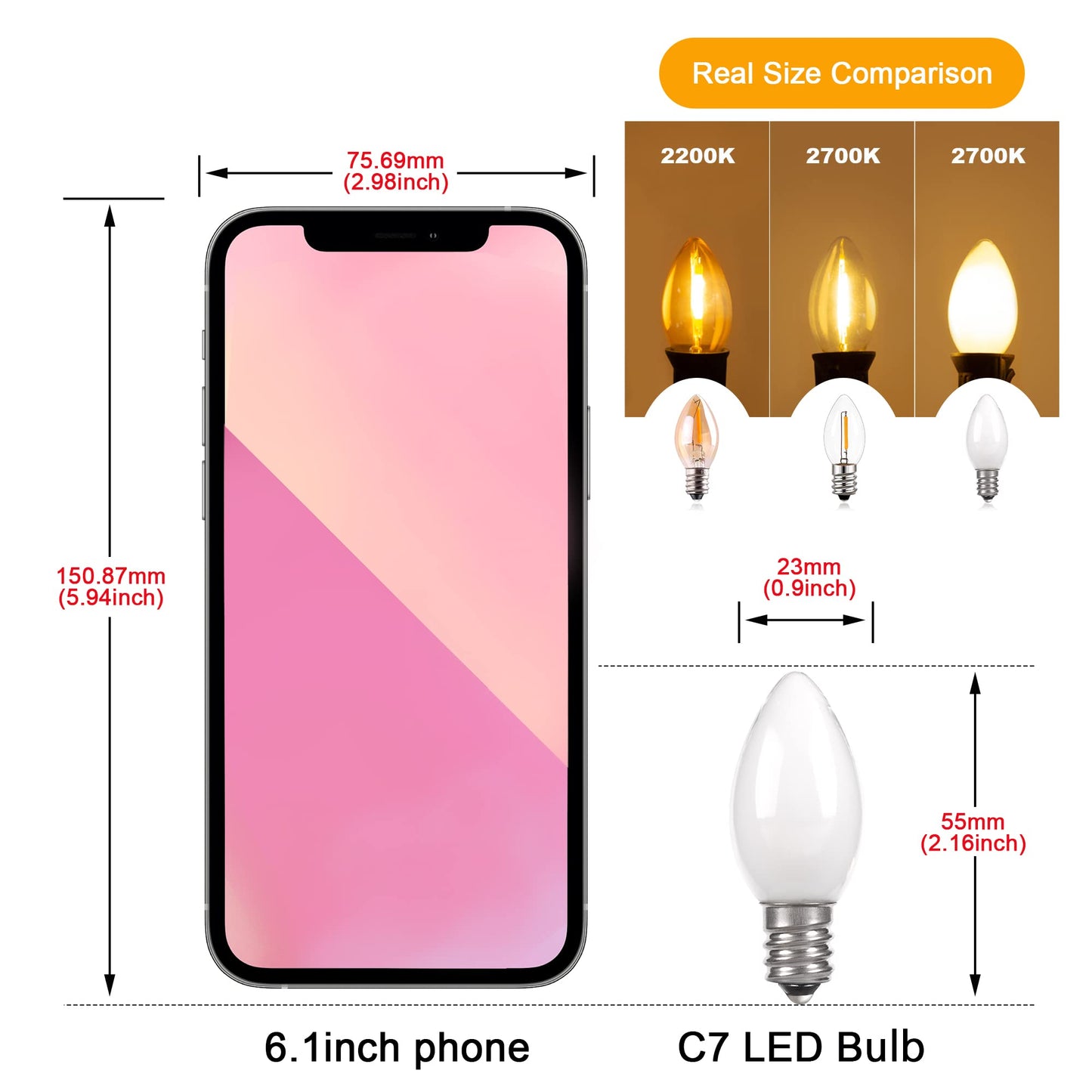 C7 Candelabra Led Night Light Bulbs, 0.6 Watt Equivalent 7W Incandescent, E12 Milk White Bulbs, Warm White 2700K Smalll Nightlight Replacement Bulb for Window Candle & Chandeliers, 2 Pack