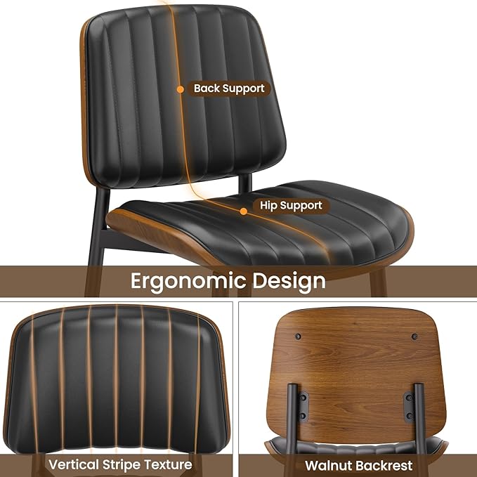 YaFiti Dining Chairs Set of 2, FSC Certified Mid Century Modern Dining Room Kitchen Chairs, Upholstered PU Leather Vertical Stripe Chairs for Vanity with Walnut Bentwood and Metal Legs, Black