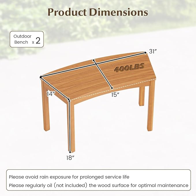 Tangkula Acacia Wood Outdoor Curved Bench Set of 2, Patio Garden Backless Fire Pit Bench with 800 lbs Weight Capacity, Outside Seating Furniture for Front Porch, Deck & Backyard