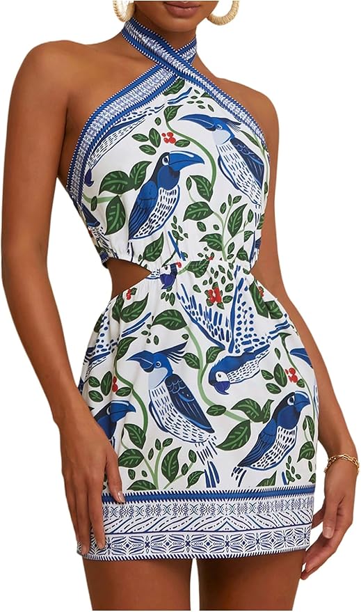 MakeMeChic Women's Boho Mini Dress Summer Beach Vacation Halter Dresses Floral Sundress