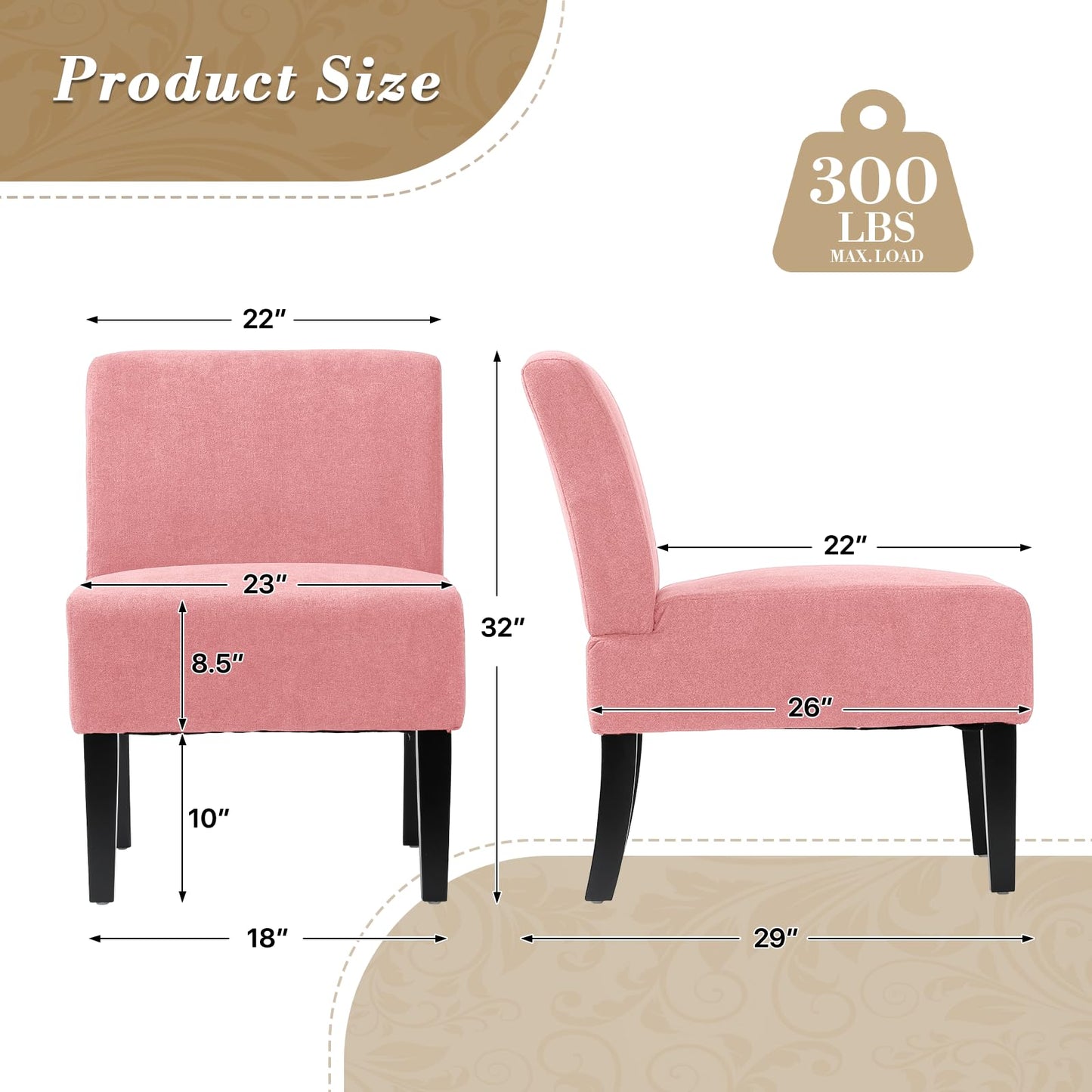 Athena Collection Armless Accent Chairs Set of 2, Comfy Linen Fabric Upholstered Slipper Chair with Wooden Legs for Living Room, Bedroom, Dorm, Balcony, Pink