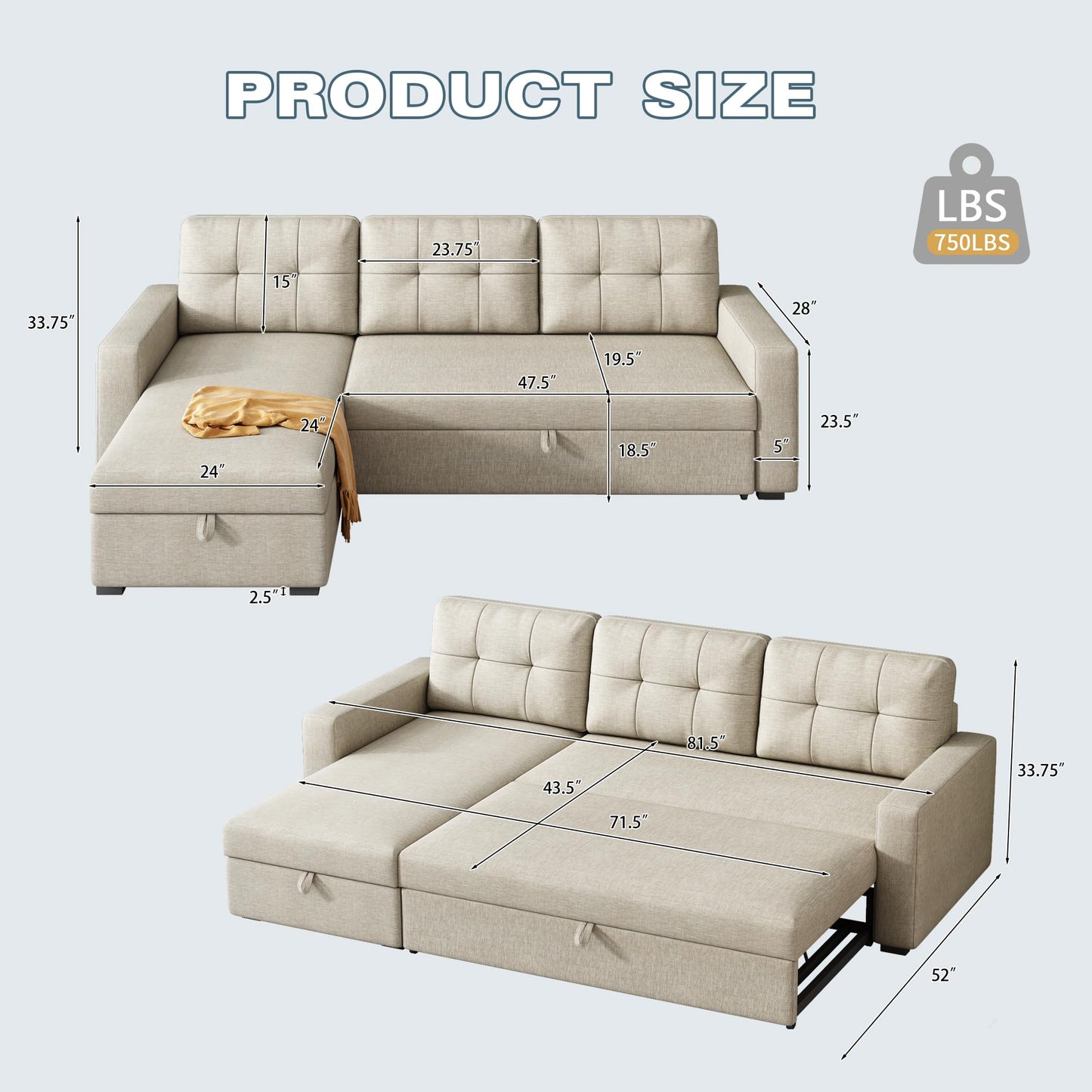 FAVSH L-Shaped Sectional Convertible Sleeper Sofa Bed, Pull Out Couch with with Reversible Storage & Removable 3 Back Cushion for Living Room Apartment,Beige