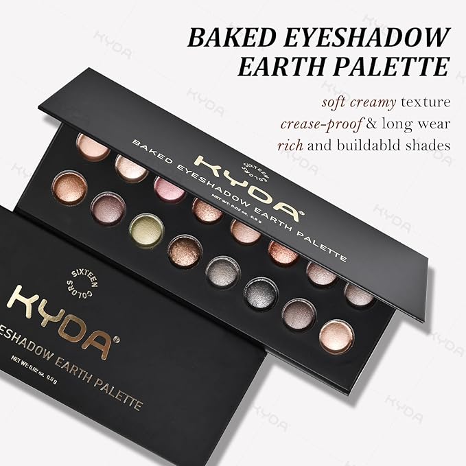 KYDA 16 Colors Baked Eyeshadow Earth Palette, Neutral Earthy Tones Baked Powder Palette with Matte Shimmer Finish, Rich Buildable Pigments, Soft Blendable Creamy Texture, Crease-proof