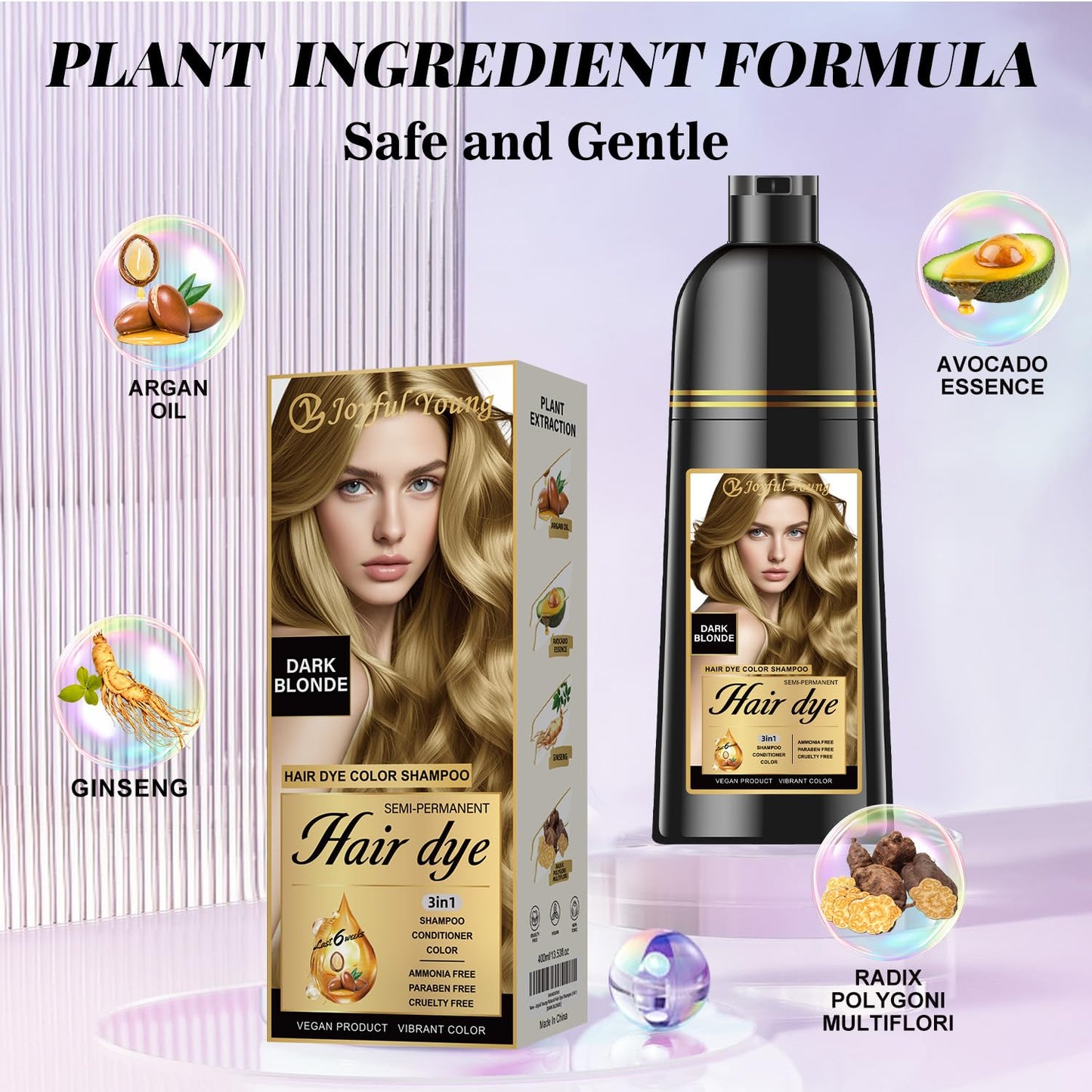 Joyful Young Natural Hair Dye Shampoo 3 IN 1, Gray Hair Coverage, Vegan, Ammonia-Free & Paraben-Free Hair Coloring Shampoo for W