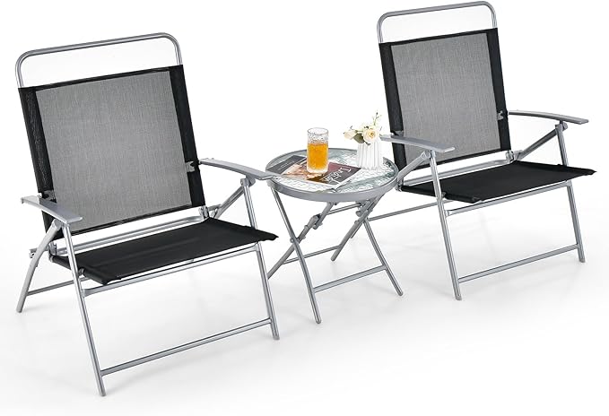 Tangkula 3 Piece Patio Folding Chair Set, Outdoor Metal Conversation Set w/Coffee Table, Extra-Large Seat, Stable Metal Fr...