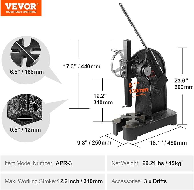 VEVOR Arbor Press, 3 Ton Ratchet Type Arbor Press, Ratchet Leverage Arbor Press with Handwheel, 12.2" Maximum Height, Cast Iron Manual Desktop Punch Press, for Stamping, Bending, Stretching, Forming