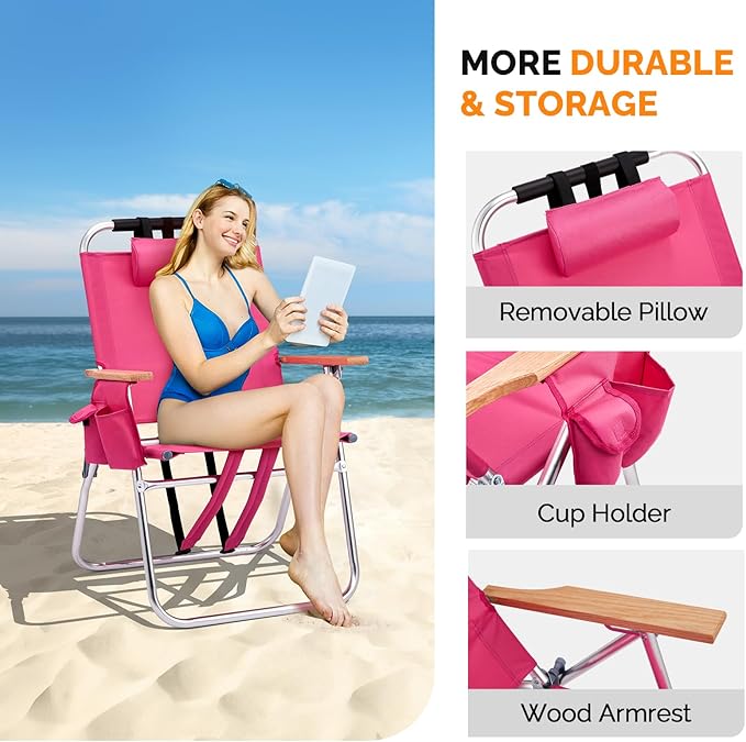 VINGLI Aluminum 17" Backpack Beach Chair – Tall Beach Chairs for Adults, Portable with Adjustable Straps, 3-Position Reclining, Cup Holder, High Lightweight Beach Chairs for Beach