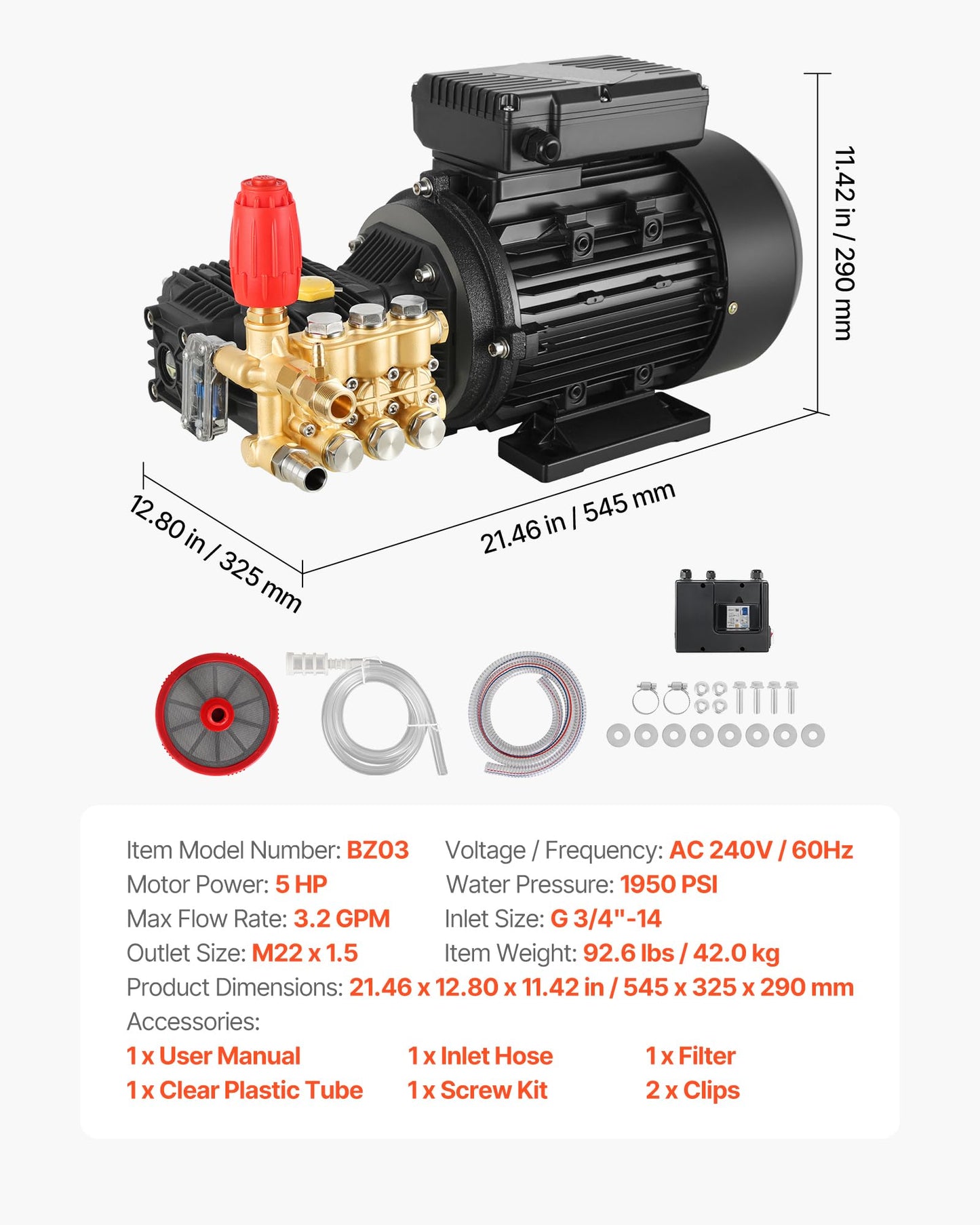 VEVOR Electric Pressure Washer Pump Kit, 1950 PSI, 3.2 GPM, Triplex Power Washer Pump with 5 HP Motor 240 V, Adjustable Water Pressure, for Washing Cars, Gardens, Exterior Walls, Machinery Equipment