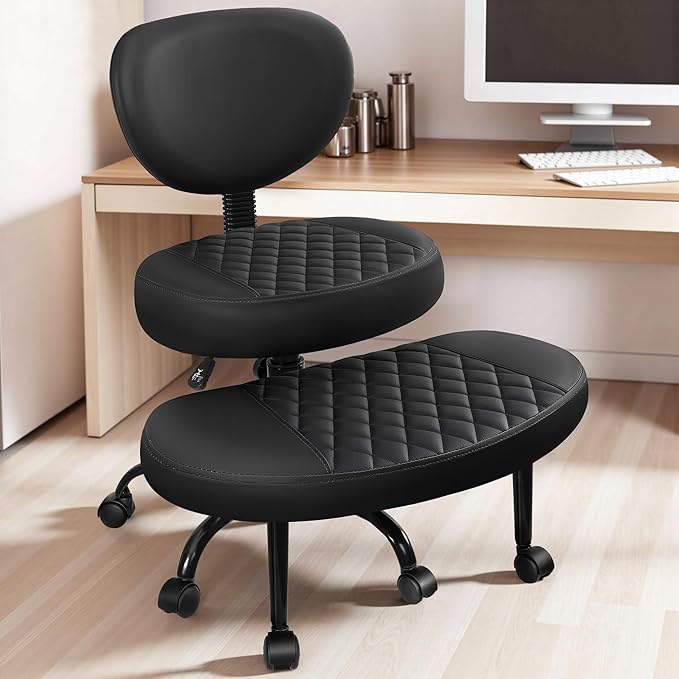 Ergonomic Cross Legged Office Chair with Wheels - Adjustable Height for Meditation, ADHD Desk & Yoga - Wide Criss Cross Design with Lumbar Support, Kneeling Chair - Inky Black