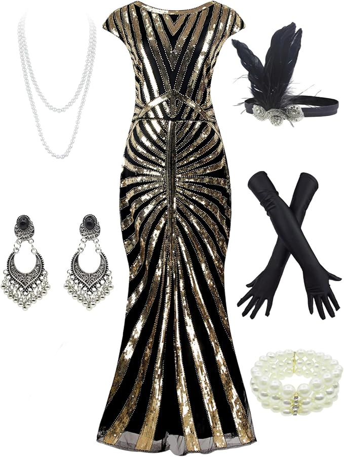 Women 1920S Gatsby Sequin Mermaid Formal Evening Dress with 20s Accessories Costume