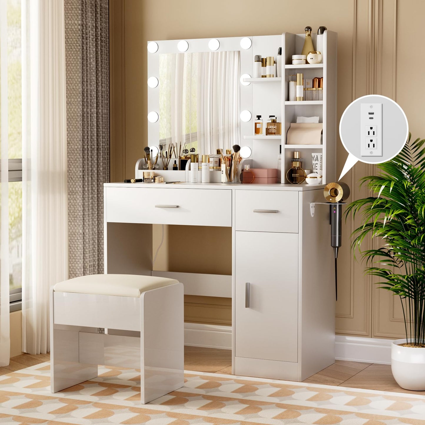 OPENAIRCOMFORT Vanity Mirror with Lights Desk and Chair: Make up Vanity with Mirror and Lights, Vanity Dresser with Drawers and Stool, for Bedroom Dressing Room (White)