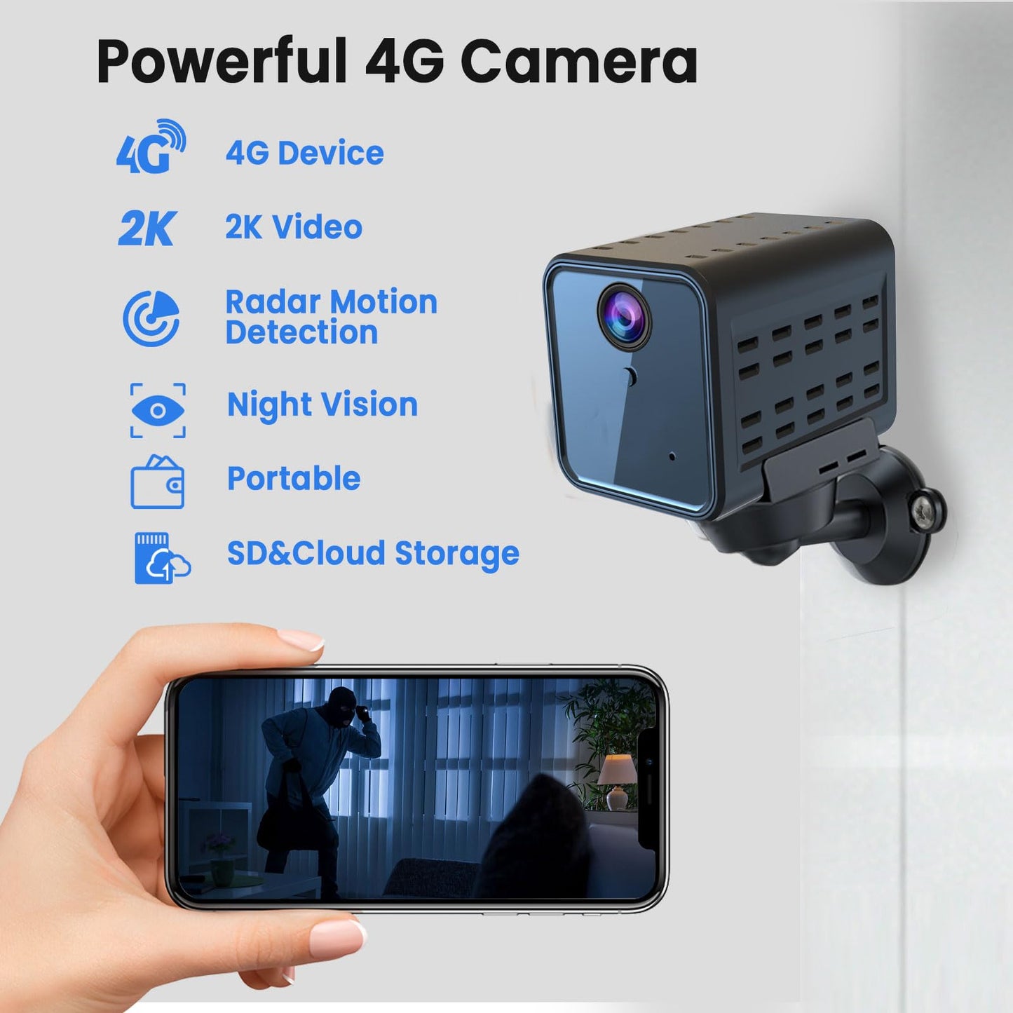 Javiscam 4G No Wifi Security Camera, Cellular Security Camera, Sim Inserted, 2K Qhd Indoor Camera, Radar Motion, 20-Day Standby