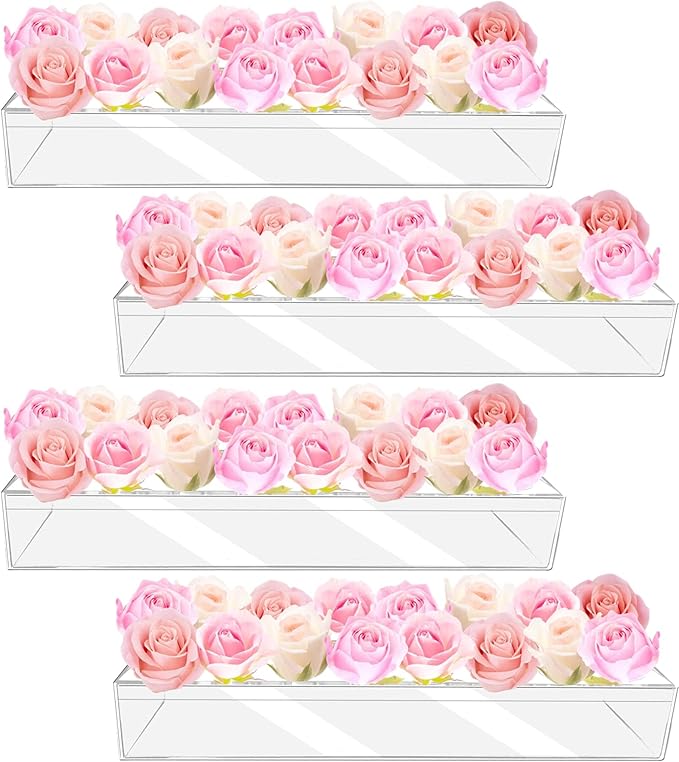 4Pcs Acrylic Flower Vase with 64 Holes,63 inch Decorative Long Clear Vase Modern,Rectangular Acrylic Vases Clear Floral Ce...