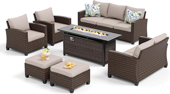 SUNSHINE VALLEY Patio Furniture Set Outdoor Furniture Brown Wicker Rattan Patio Conversation Sets with Cushion Outside Sofa Set,6 Pieces with Rectangular Firepit Table,9 Seats,Beige