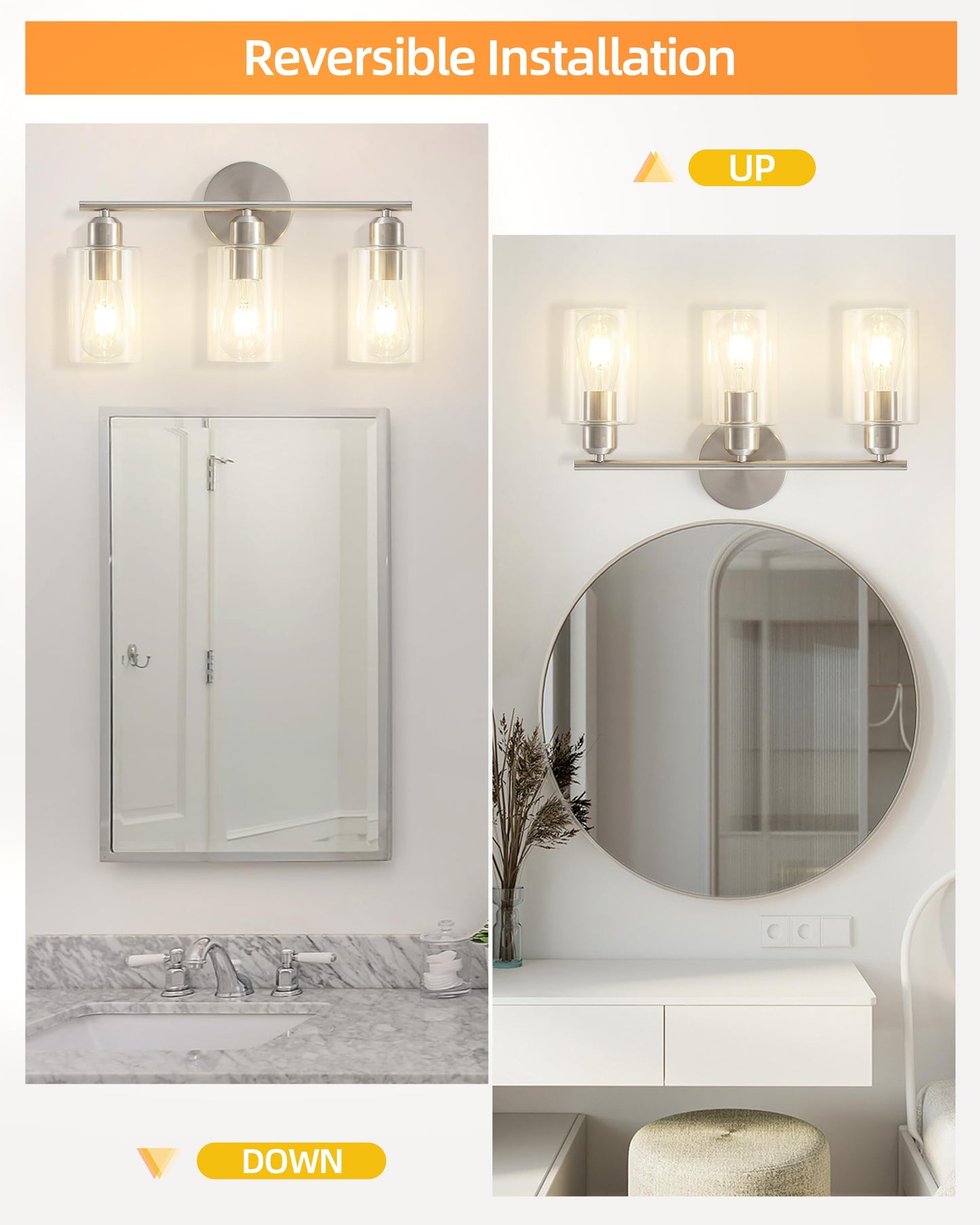 Brushed Nickel Vanity Lights - 3-Light Modern Bathroom Lighting Fixtures with Clear Glass Shade - Wall Sconce for Hallway - 2Pack