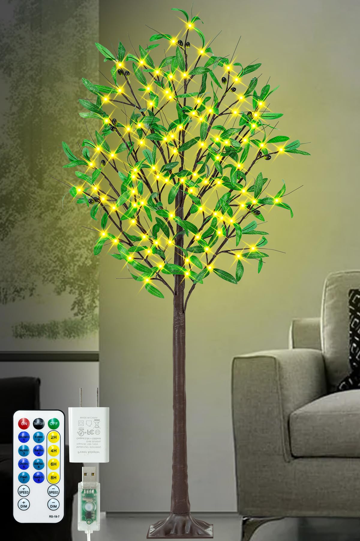Lighted Olive Trees Artificial 5ft 90 LED Lights for Decoration Inside Outside, Prelit Fake Tree with 18 Fruits 180 Leaves Remote Electric Greenery Lights for Christmas Wedding Holiday Home Decor