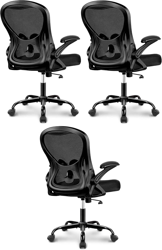 Winrise Office Desk Chair, Ergonomic Breathable Mesh Computer Chair Home Office Desk Chairs with Adjustable Lumbar Support & Flip-up Arms (Black, 3 Pack)