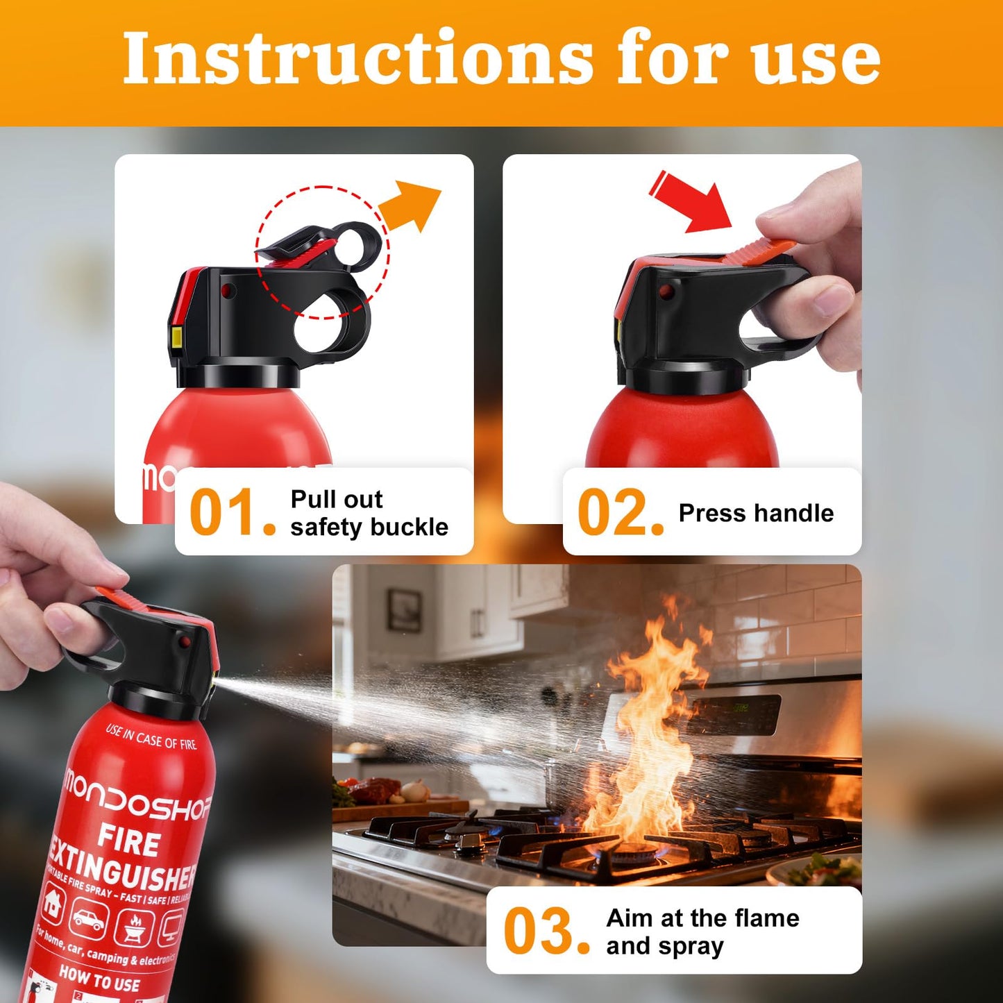 Fire Extinguisher for Home and Vehicle - Mondoshop 4-Pack Water-Based Portable Fire Extinguisher with Mount for A, B, C, K Fire, Suitable for Vehicle, Kitchen, Home, Car, Boat, Camping, Business