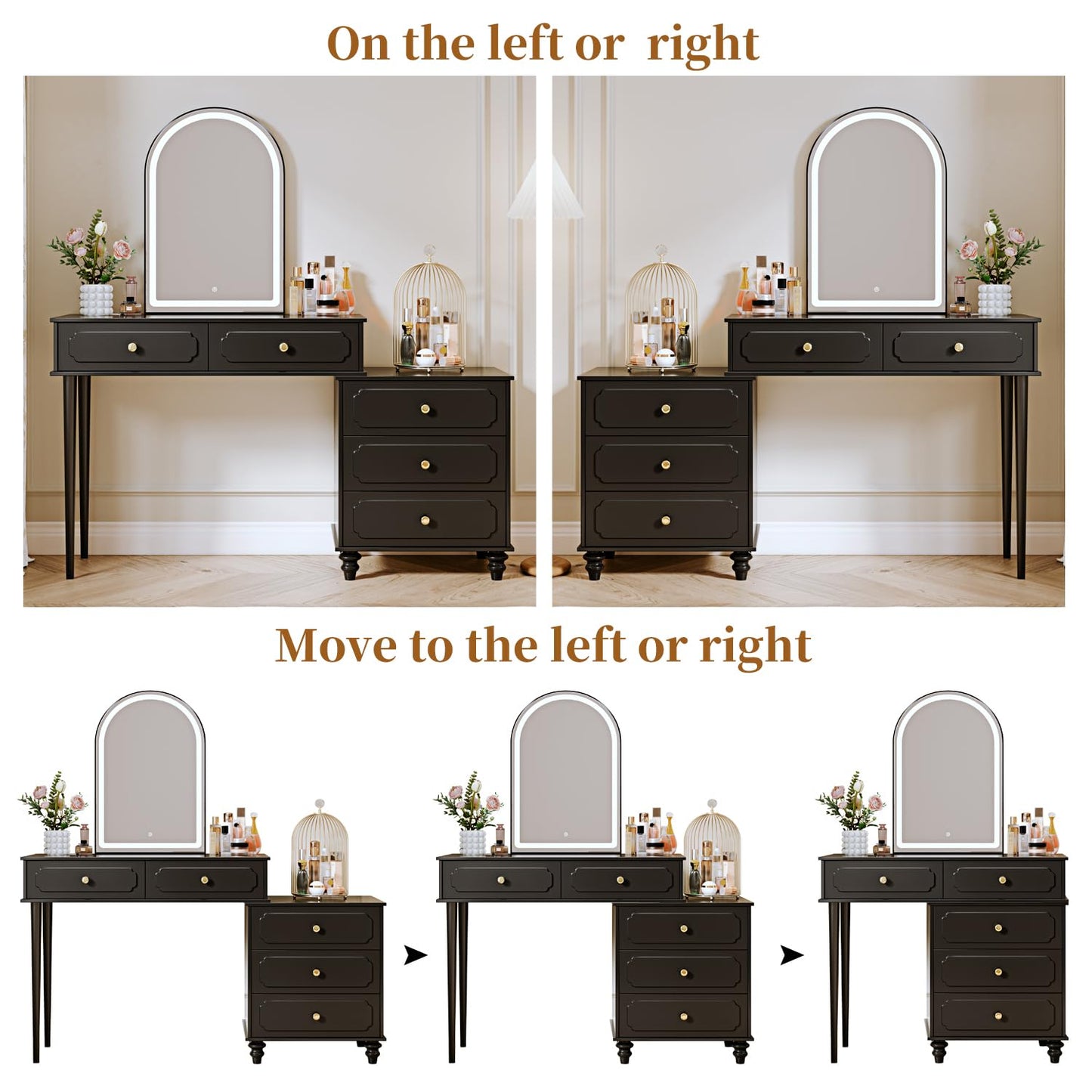 Ieejdn Black,Vanity Desk with Mirror and Lights,Makeup Vanity with Power Outlet and Adjustable Cabinet,Modern Makeup Table with 3 Drawers for Bedroom Makeup Room