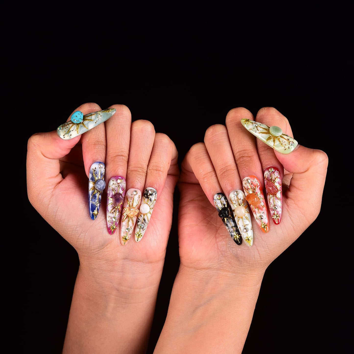 Tmani 10pc/set Long Handmade Press On Nail Hot Girl's Long Nails Ten Kinds of Natural Crystal Stone Decoration Fake Nails Suitable For Girls Festival Parties and Birthday Gift(442,M)