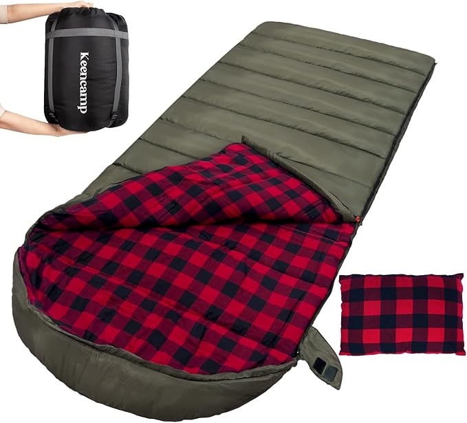 Keencamp 0 Degree Sleeping Bag Cotton Flannel Winter Cold Weather for Adults XXL Sleeping Bag 4 Season Big and Tall with P...