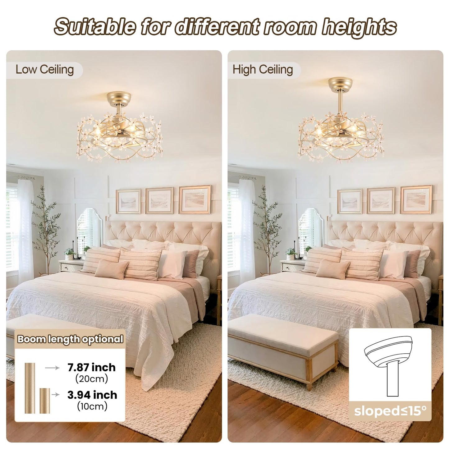 CELAVIEIOP 20" Gold Fandelier Ceiling Fan with Light, Flower Crystal Chandelier Ceiling Fan with Light and Remote Control, Modern Caged Enclosed 6 Speeds for Girl's Bedroom, Nursery, Living Room
