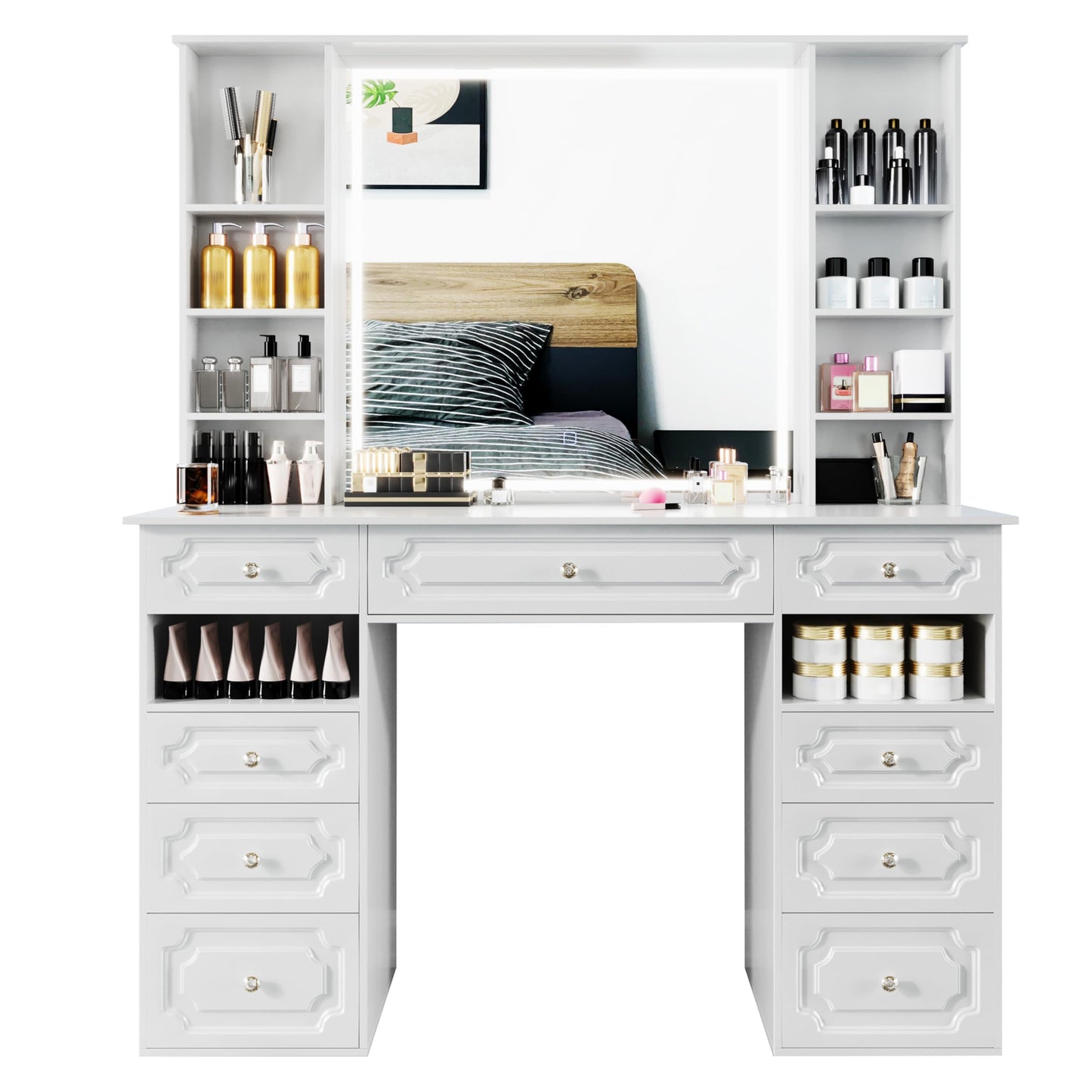 Makeup Vanity with Lighted Mirror, 47" Large Vanity Desk with 9 Drawers & 10 Open Storage Shelves, Brightness Adjustable, Dressing Table for Bedroom, Women Girl (White, B Panel)