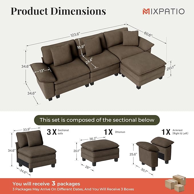 MIXPATIO 123-Inch L Shaped Sectional Sofa with Cloud Cushions, Deep Seat Modular Couch Set w/ 4 Seats & 1 Ottomans, Removable Arms, Plush Chenille Upholstery for Living Room, Apartment - Taupe