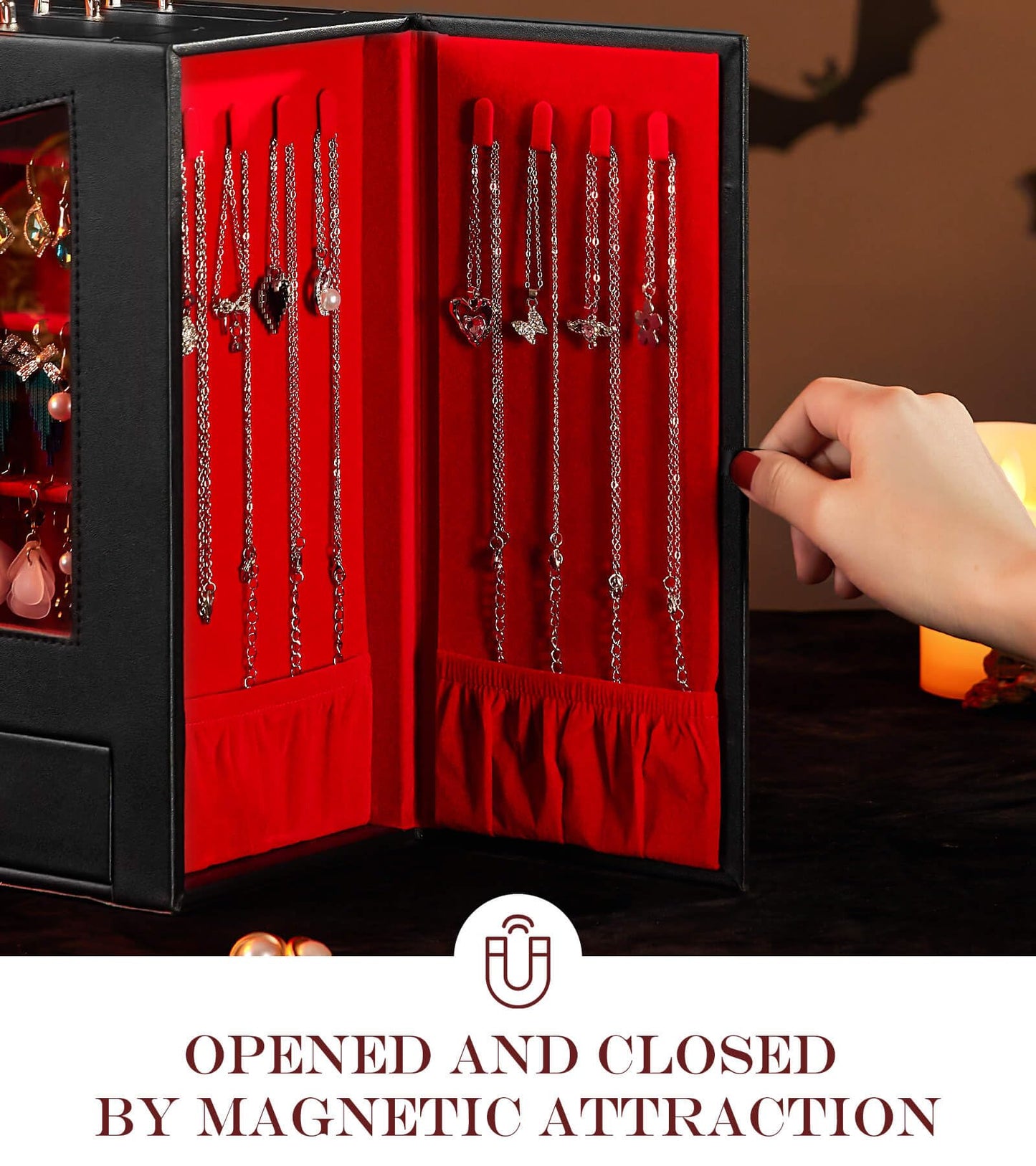 Homde Jewelry Organizer with Transparent Window Necklace Hooks Gift for Women Jewelry Box Display Case for Necklaces Rings Earrings Bracelets and Other Accessories (Black + Red)
