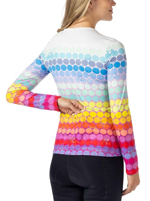 Terry Cycling Jersey Women Soleil Long Sleeve Bike Top for Women, Fitted Rash Guard Hiking Outdoor UPF 50+ Sun Shirt - Rainbow Dots, X Large