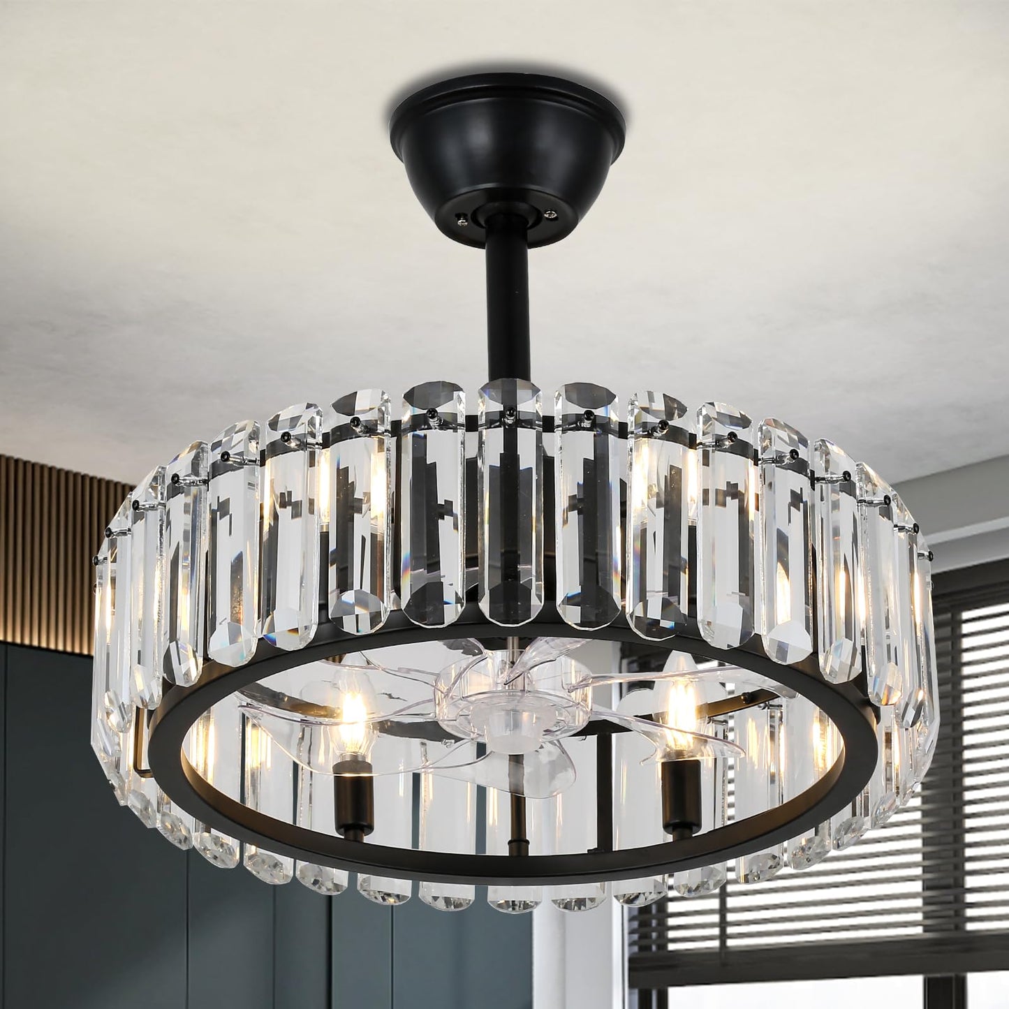 FRIXCHUR Crystal Caged Ceiling Fan with Lights and Remote 20.7 Inch Black Fandelier Semi Flush Mount 6 Speed Reversible Chandelier for Dining Bedroom Living Room Kitchen E12 x 6 Bulbs Not Included