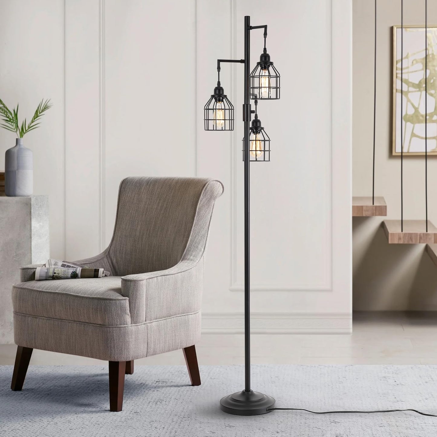 9MMML Floor Lamp for Living Room, Farmhouse Industrial Dimmable Floor lamp,3 Lights Metal Cage Tree Standing Lamp,68", 3Pcs Led Bulbs Included