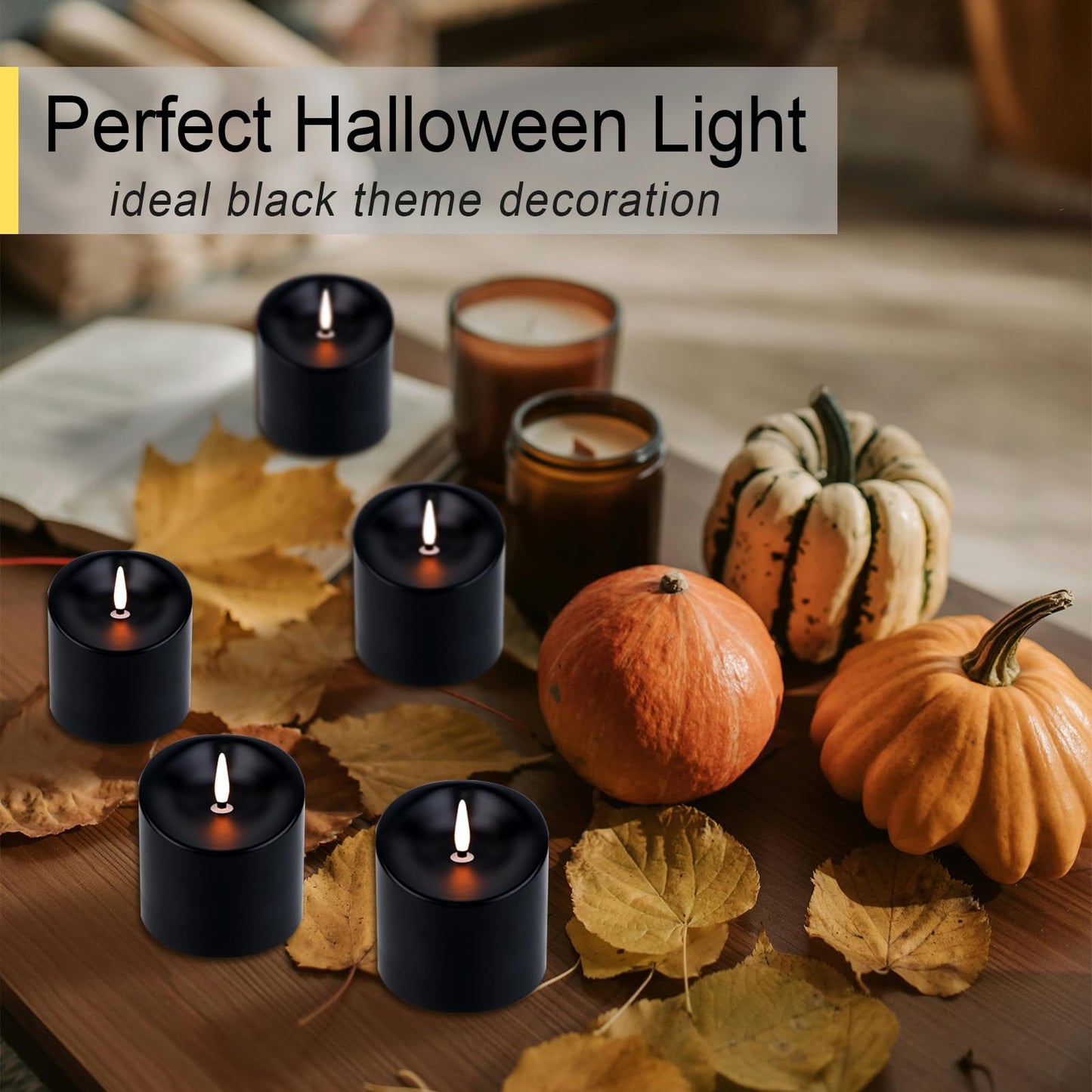 TECHLONG 3"x3" Black Flickering Flameless Candles, Waterproof Halloween Battery Operated Candles with Remote Timer, Last 600 Hours Electric Fake Black LED Candles for Gothic Room Decor, Set of 6
