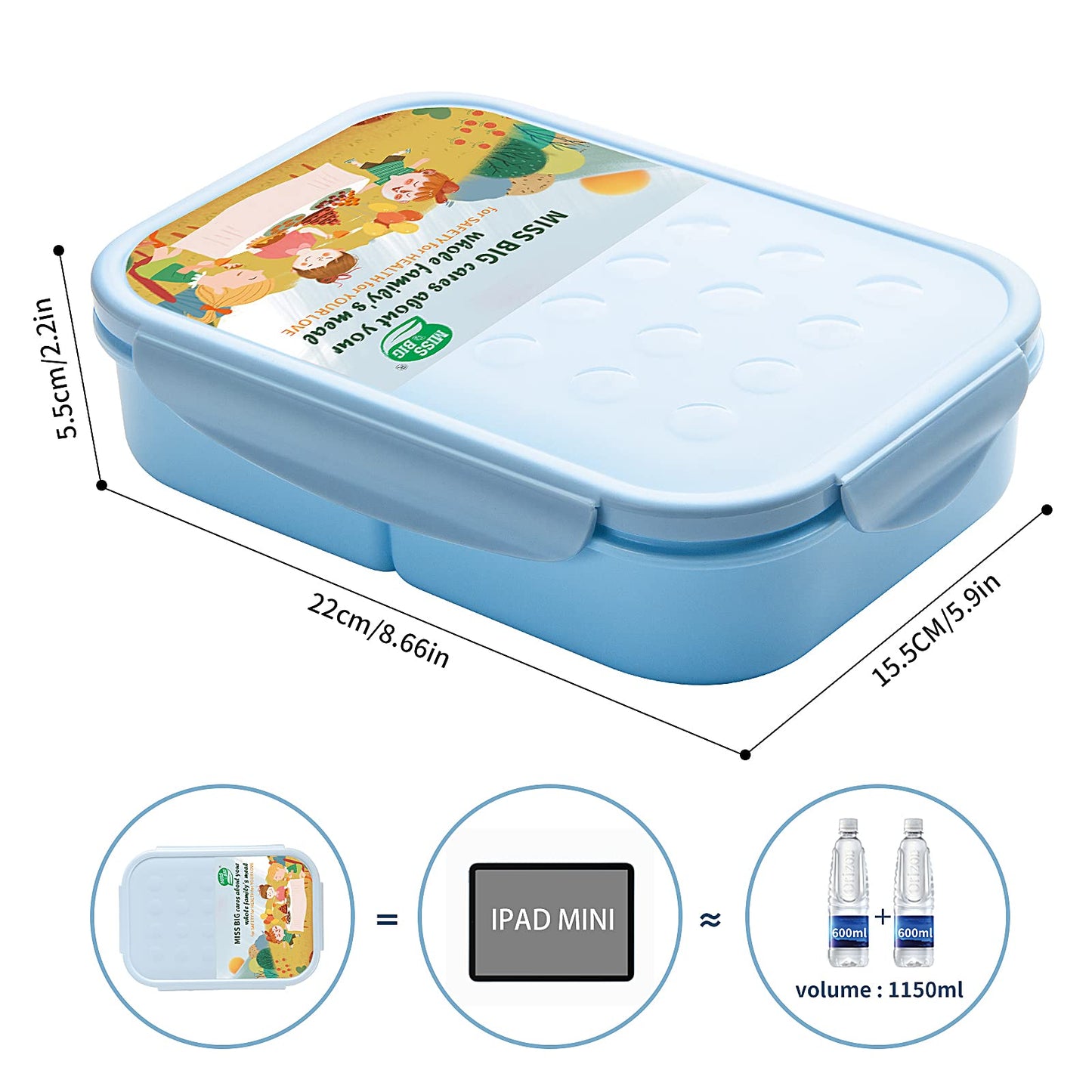 MISS BIG® Bento Box,Bento Box for Kids,Lunch Box Kids,Leakproof Kid Lunch Box,Lunch Containers No BPAs and Chemical Dyes,M/W,D/W & Fridge Safe(1150ml Blue)