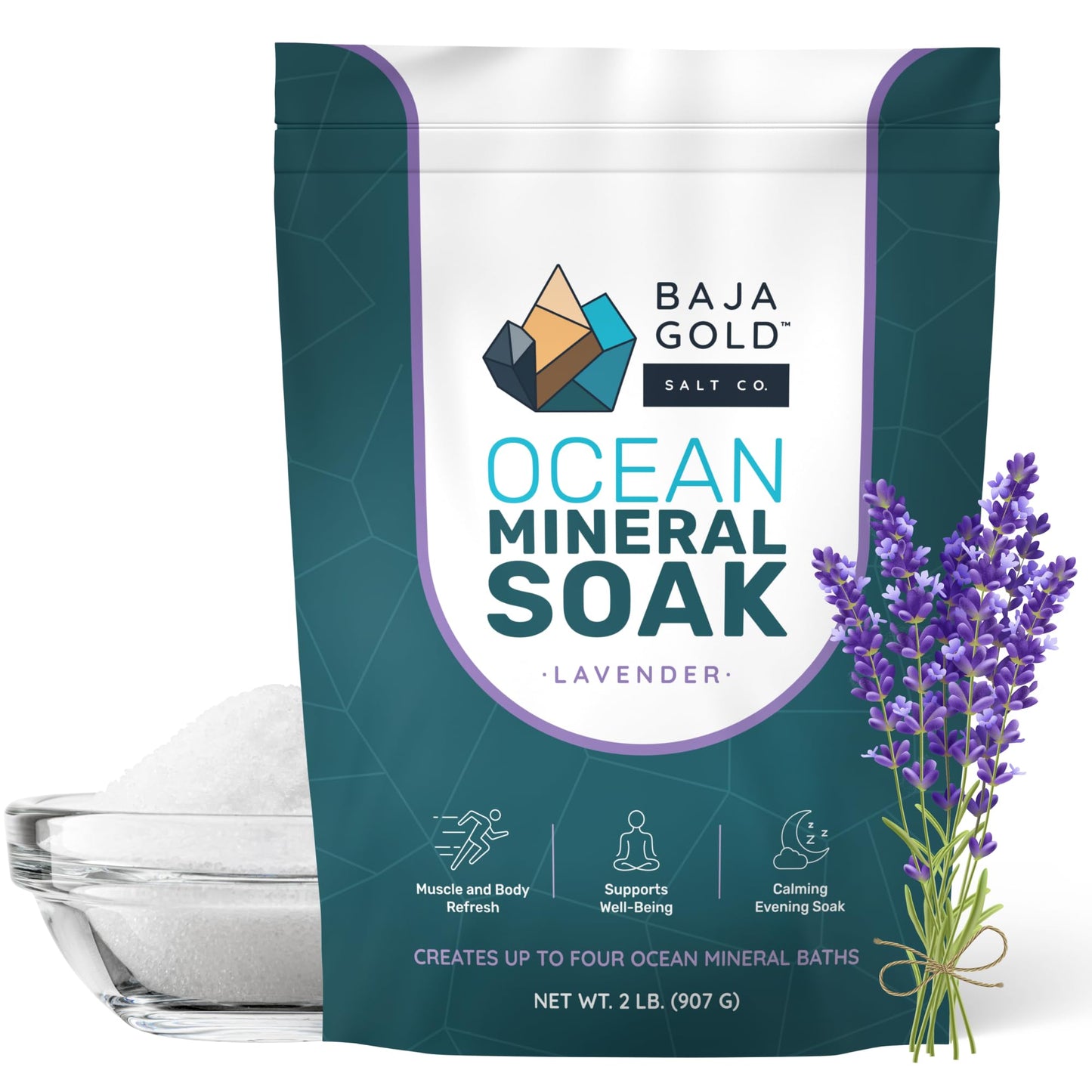Baja Gold Ocean Mineral Soak – Natural Magnesium Bath Soak & Trace Elements | Relaxing, Clean Ingredient Soak for Bath, Muscles, Relaxation & Skin Care | Pure, Vegan, 2 Lb Resealable Bag, Lavender