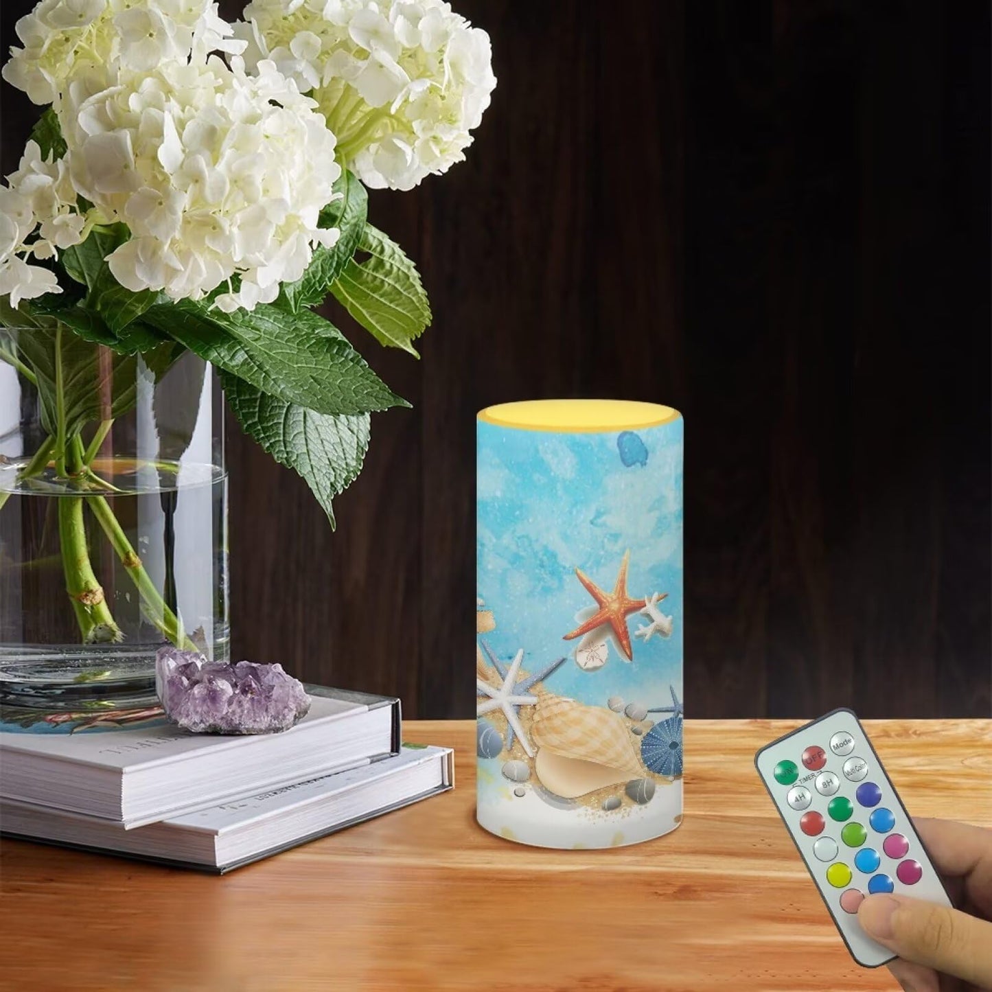 Poceacles Beach Starfish Conch Blue Flameless Candle Battery Powered With Remote Control 12 Colors 4/8 Hours Timer Led Night Lig